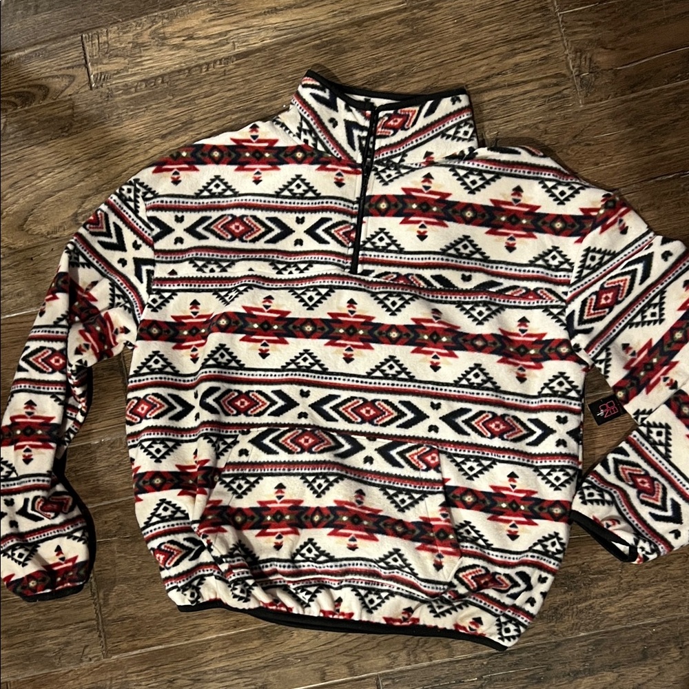 No Boundaries Women's Zip-Up Aztec Fleece Pullover - Red, Black & White